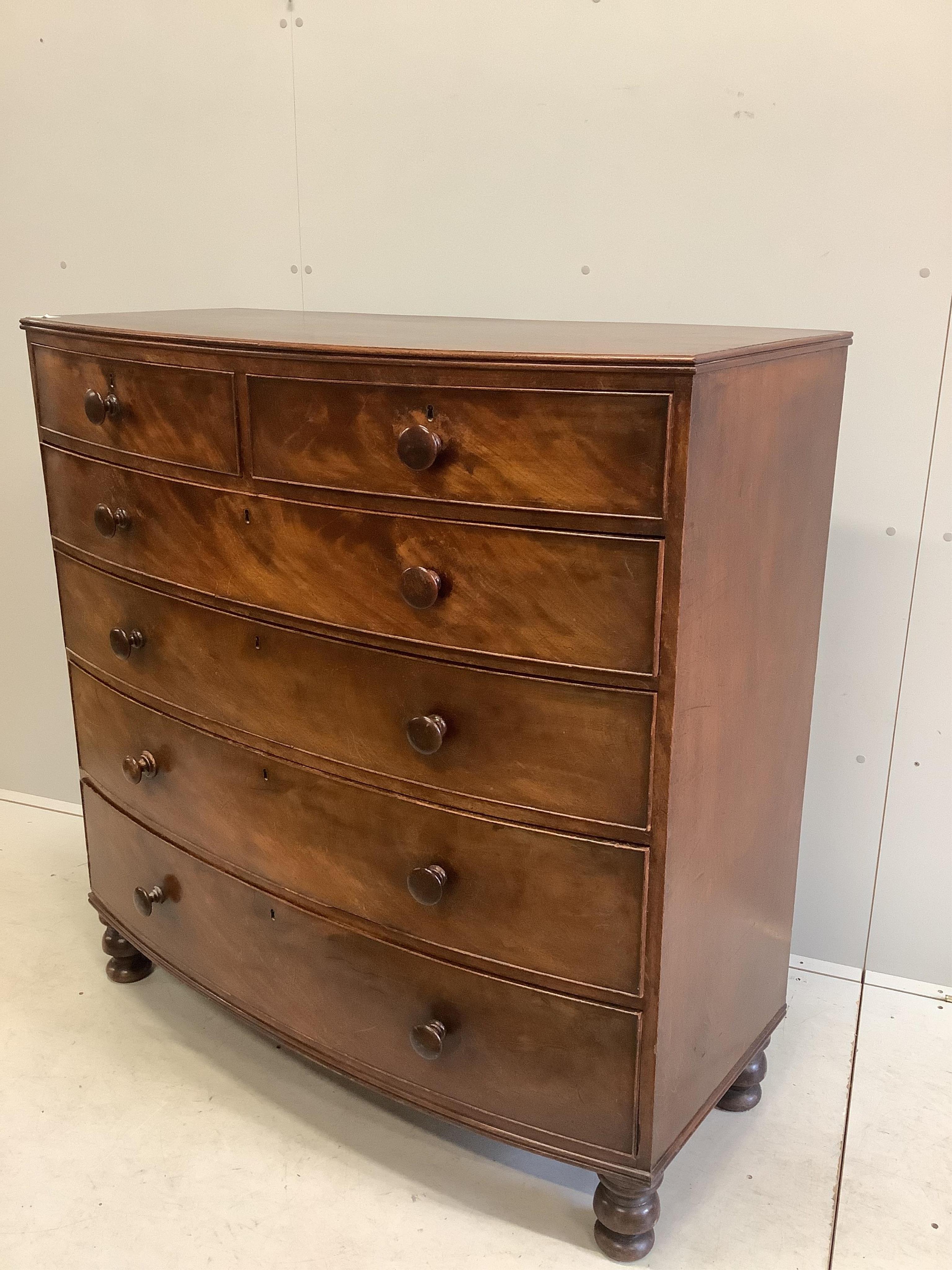 A Victorian mahogany bowfront chest, width 122cm, depth 56cm, height 126cm. Condition - fair